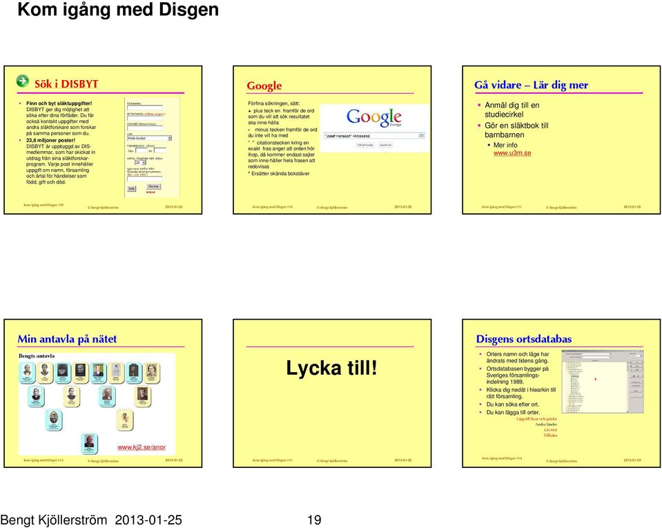 DISBYT är uppbyggd av DISmedlemmar, som har skickat in utdrag från sina släktforskarprogram. Varje post innehåller uppgift om namn, församling och årtal för händelser som född, gift och död.