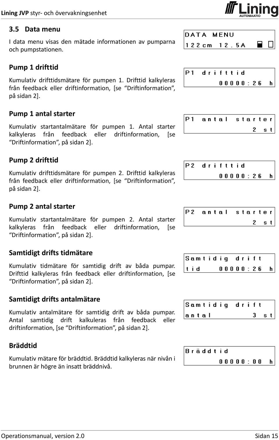 Antal starter kalkyleras från feedback eller driftinformation, [se Driftinformation, på sidan2]. Pump 2 drifttid Kumulativ drifttidsmätare för pumpen 2.