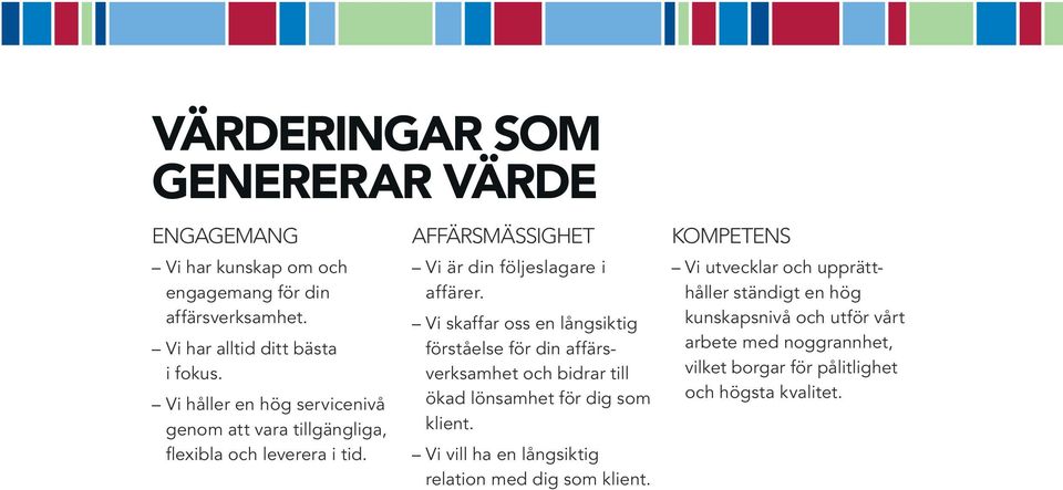 Vi skaffar oss en långsiktig förståelse för din affärsverksamhet och bidrar till ökad lönsamhet för dig som klient.