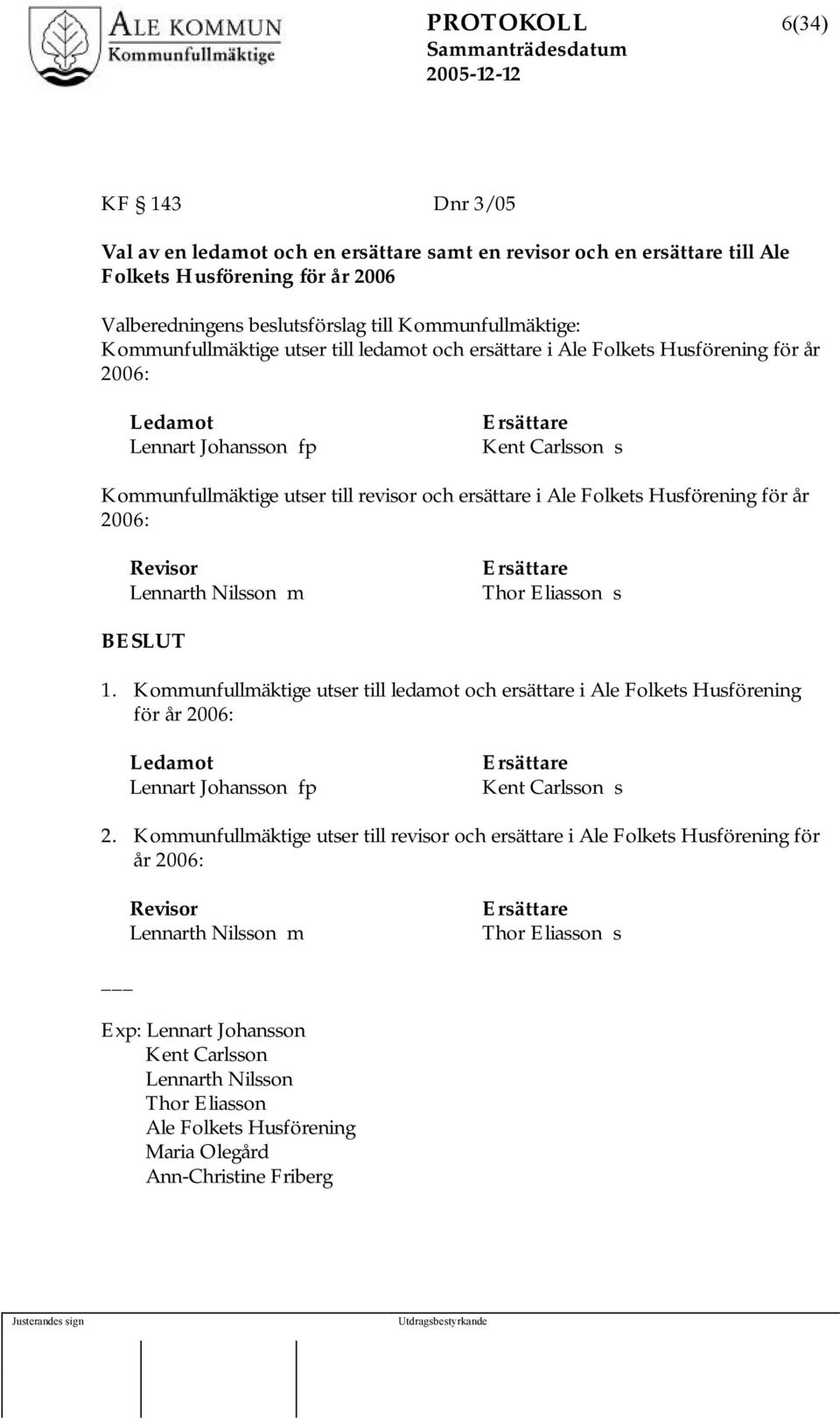 Ale Folkets Husförening för år 2006: Revisor Lennarth Nilsson m Ersättare Thor Eliasson s 1.