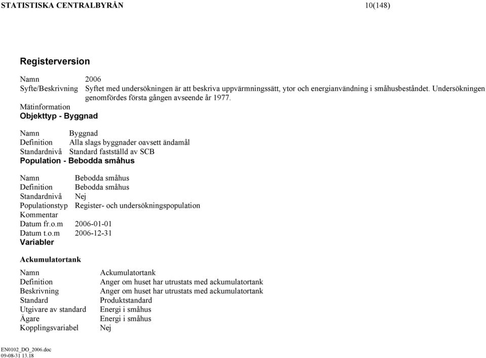 Namn Byggnad Definition Alla slags byggnader oavsett ändamål Standardnivå Standard fastställd av SCB Population - Bebodda småhus Namn Bebodda småhus Definition Bebodda småhus Standardnivå