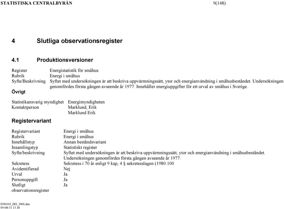 småhusbeståndet. Undersökningen genomfördes första gången avseende år 1977. Innehåller energiuppgifter för ett urval av småhus i Sverige.