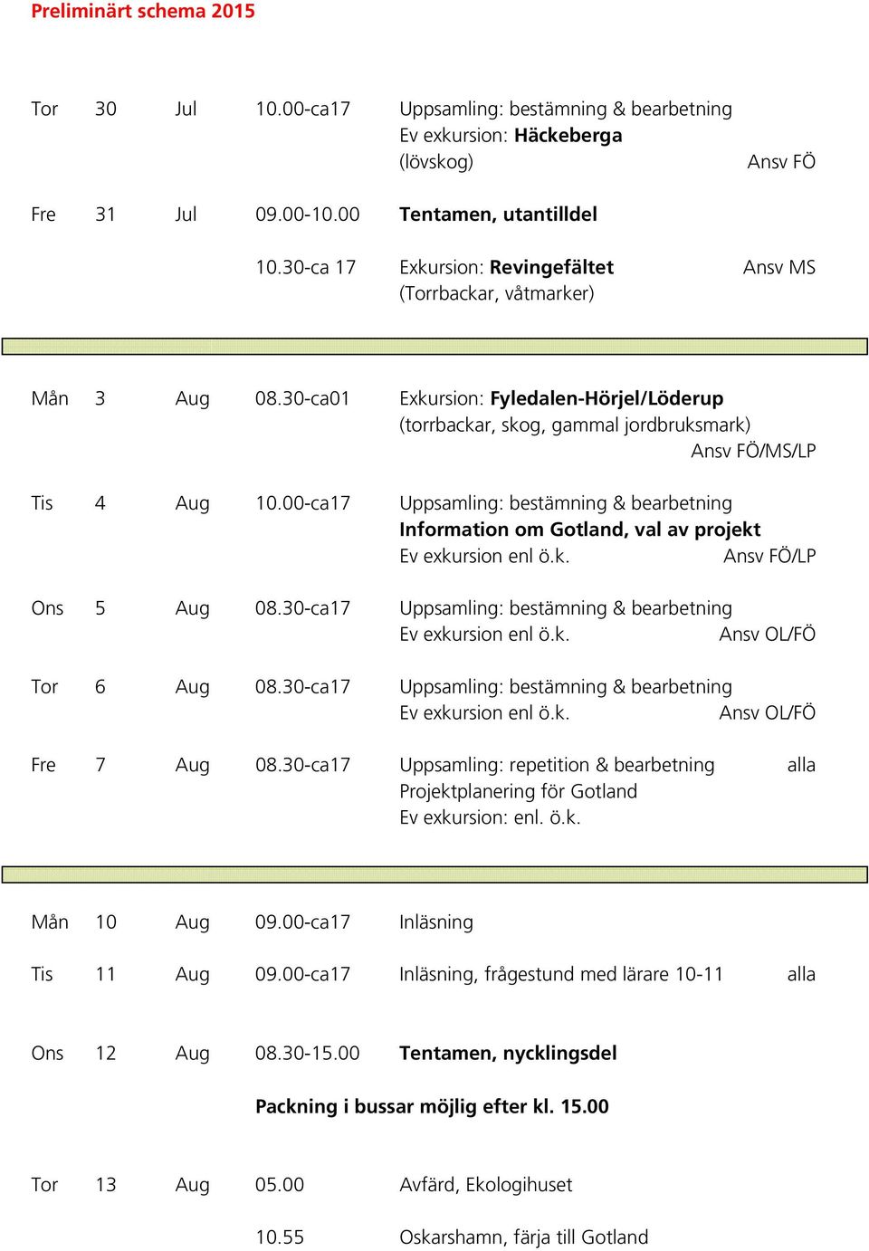 00-ca17 Uppsamling: bestämning & bearbetning Information om Gotland, val av projekt Ev exkursion enl ö.k. Ansv FÖ/LP Ons 5 Aug 08.30-ca17 Uppsamling: bestämning & bearbetning Ev exkursion enl ö.k. Ansv OL/FÖ Tor 6 Aug 08.