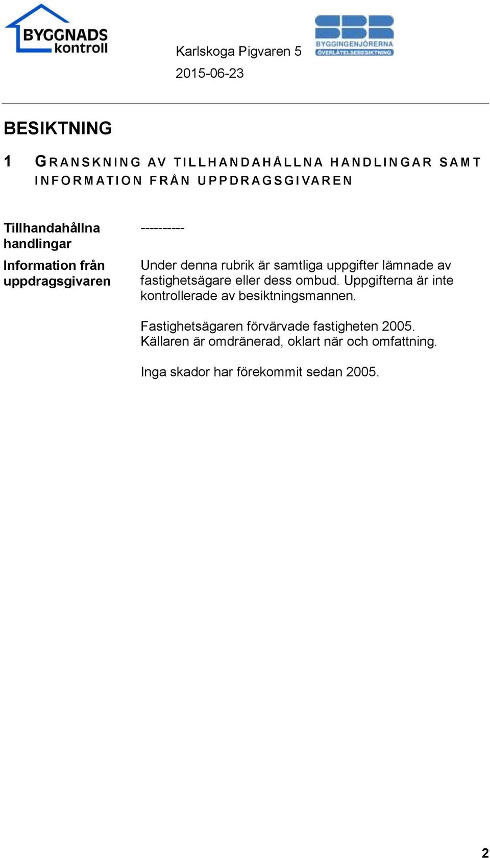 samtliga uppgifter lämnade av fastighetsägare eller dess ombud. Uppgifterna är inte kontrollerade av besiktningsmannen.