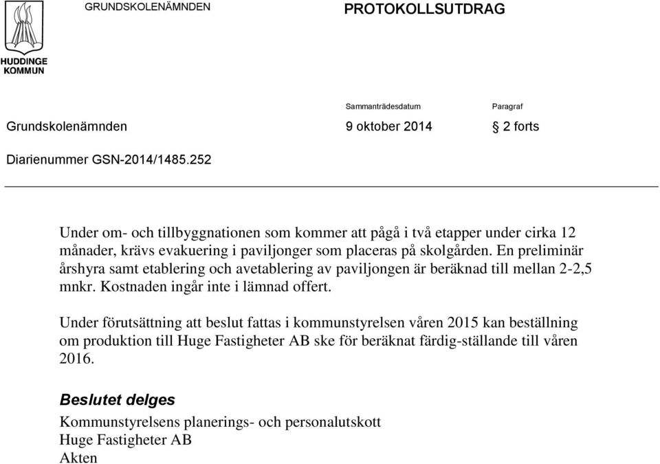 En preliminär årshyra samt etablering och avetablering av paviljongen är beräknad till mellan 2-2,5 mnkr. Kostnaden ingår inte i lämnad offert.