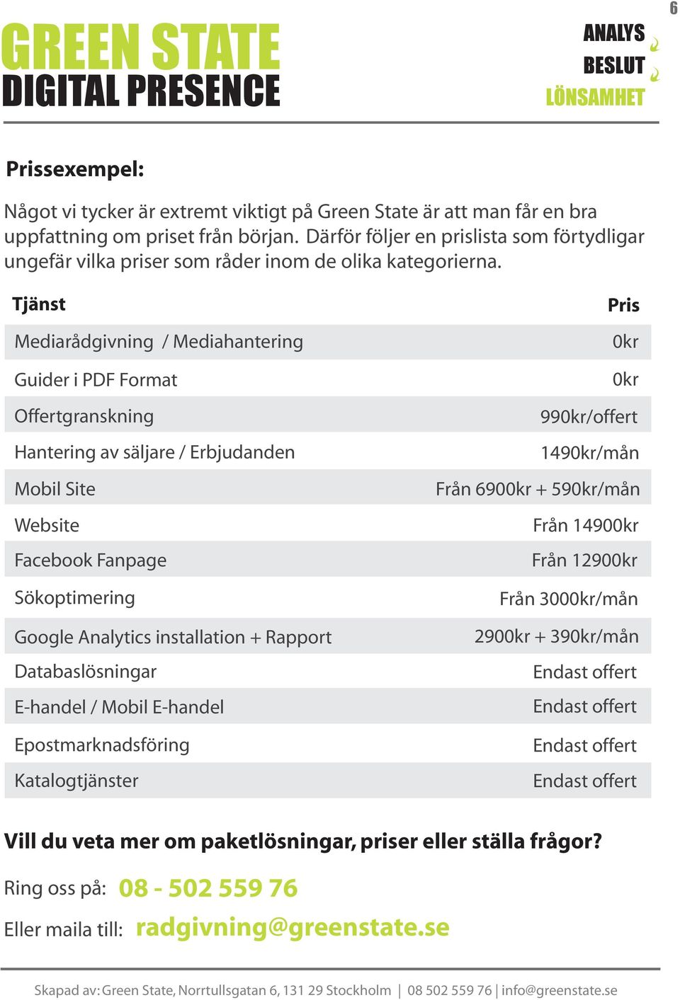 Tjänst Mediarådgivning / Mediahantering Guider i PDF Format Offertgranskning Hantering av säljare / Erbjudanden Mobil Site Website Facebook Fanpage Sökoptimering Google Analytics installation +