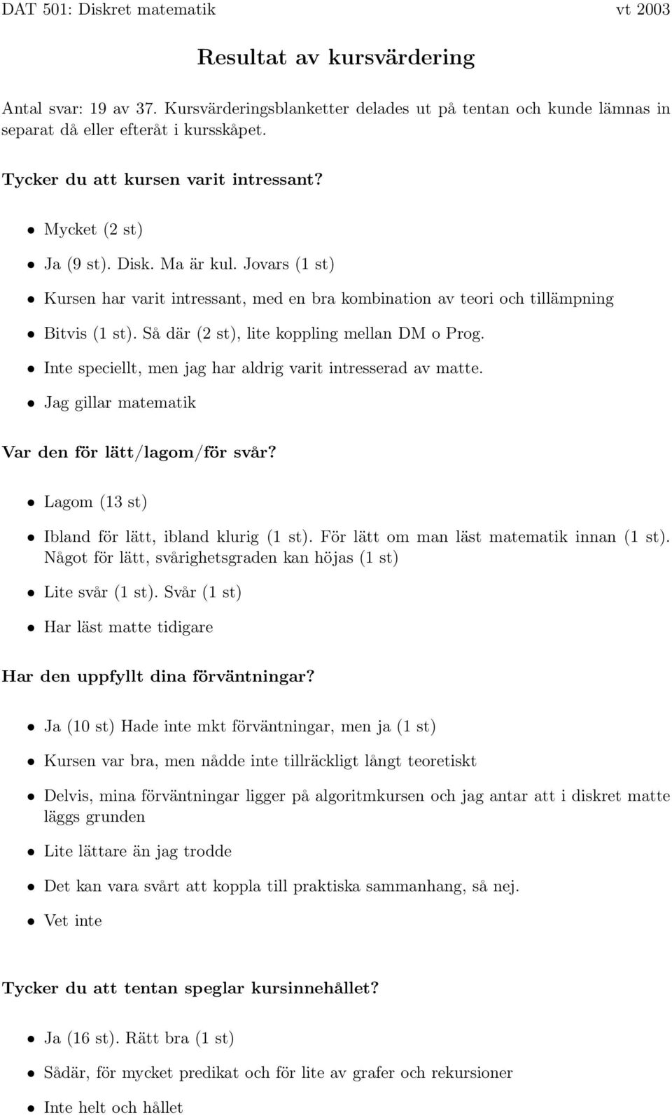 Så där (2 st), lite koppling mellan DM o Prog. Inte speciellt, men jag har aldrig varit intresserad av matte. Jag gillar matematik Var den för lätt/lagom/för svår?