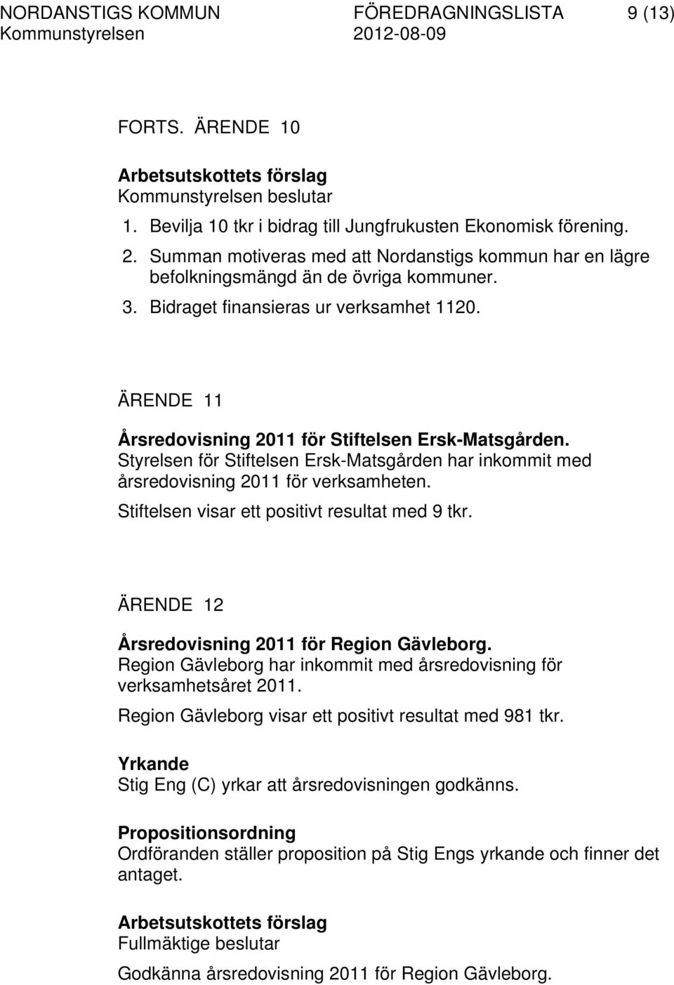 ÄRENDE 11 Årsredovisning 2011 för Stiftelsen Ersk-Matsgården. Styrelsen för Stiftelsen Ersk-Matsgården har inkommit med årsredovisning 2011 för verksamheten.