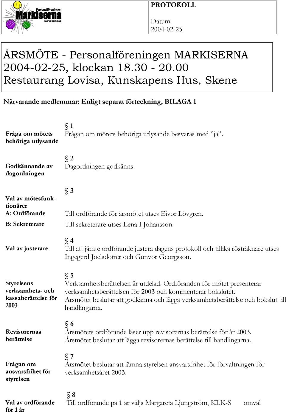 utlysande besvaras med ja. 2 Dagordningen godkänns. 3 Val av mötesfunktionärer A: Ordförande Till ordförande för årsmötet utses Eivor Lövgren. B: Sekreterare Till sekreterare utses Lena I Johansson.