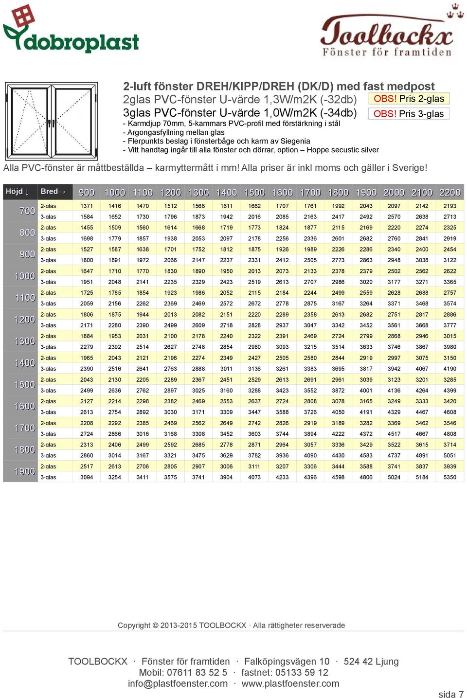 Pris 2-glas 3glas PVC-fönster U-värde 1,0W/m2K (-34db) OBS!