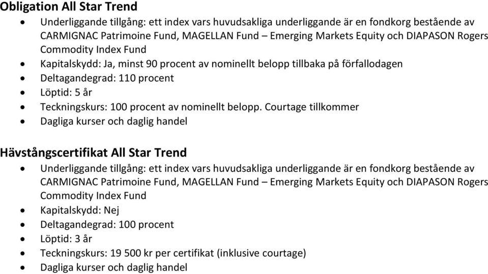 Courtage tillkommer Dagliga kurser och daglig handel Hävstångscertifikat All Star Trend Underliggande tillgång: ett index vars huvudsakliga underliggande är en fondkorg bestående av CARMIGNAC