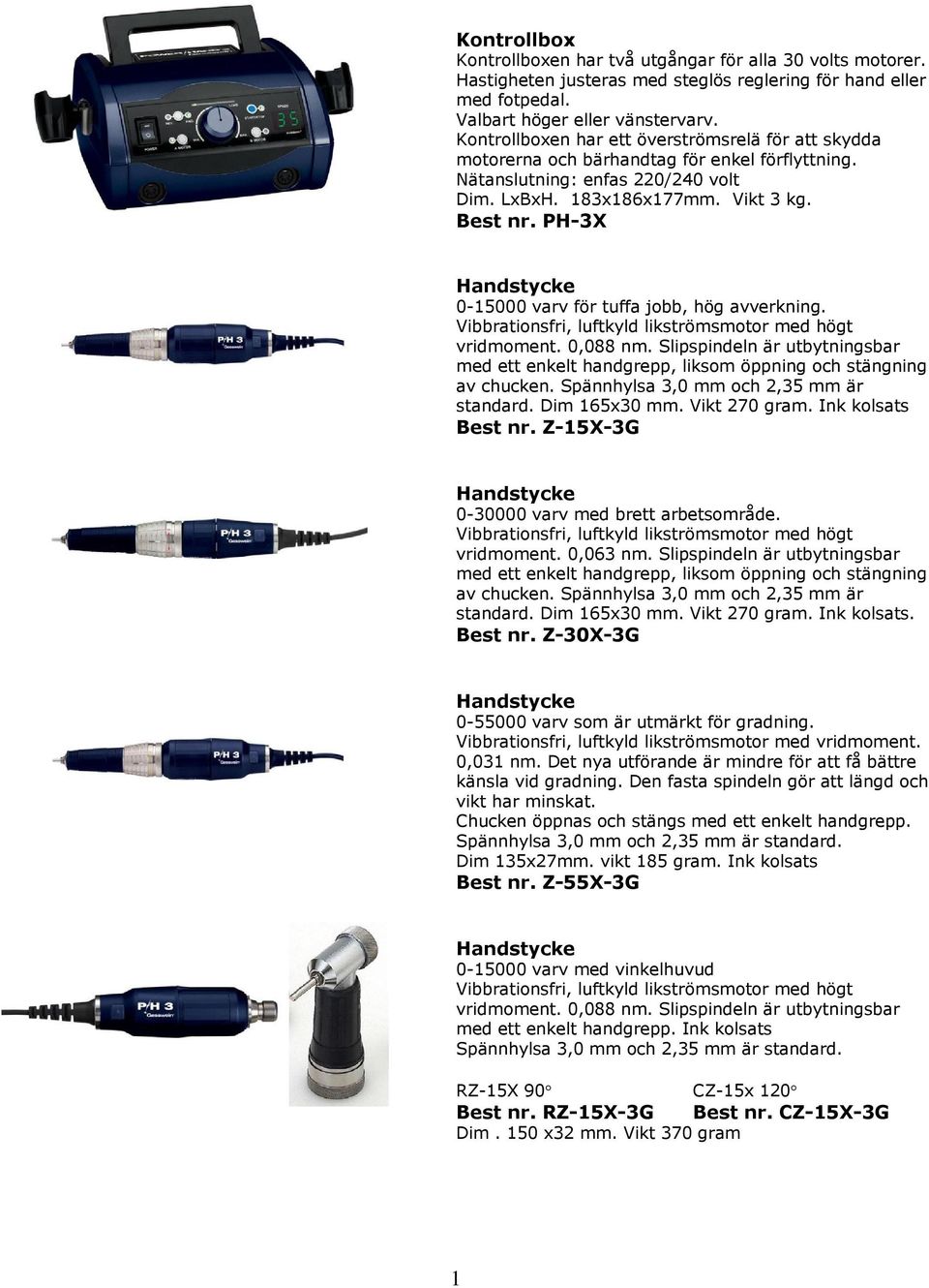 PH-3X Handstycke 0-15000 varv för tuffa jobb, hög avverkning. Vibbrationsfri, luftkyld likströmsmotor med högt vridmoment. 0,088 nm.