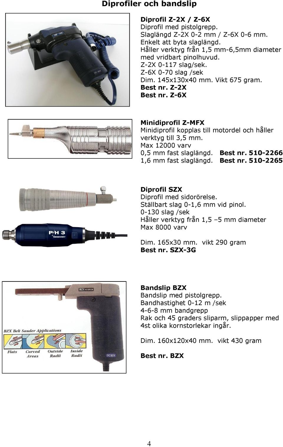 Z-6X Minidiprofil Z-MFX Minidiprofil kopplas till motordel och håller verktyg till 3,5 mm. Max 12000 varv 0,5 mm fast slaglängd. Best nr. 510-2266 1,6 mm fast slaglängd. Best nr. 510-2265 Diprofil SZX Diprofil med sidorörelse.