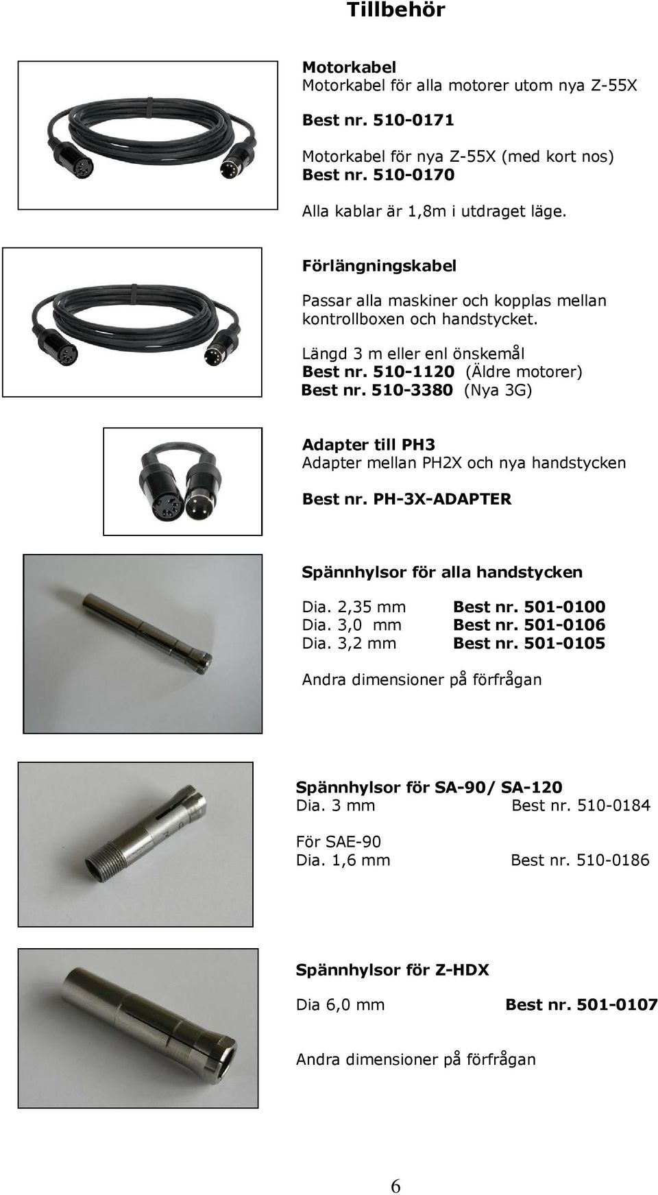 510-3380 (Nya 3G) Adapter till PH3 Adapter mellan PH2X och nya handstycken Best nr. PH-3X-ADAPTER Spännhylsor för alla handstycken Dia. 2,35 mm Best nr. 501-0100 Dia. 3,0 mm Best nr.