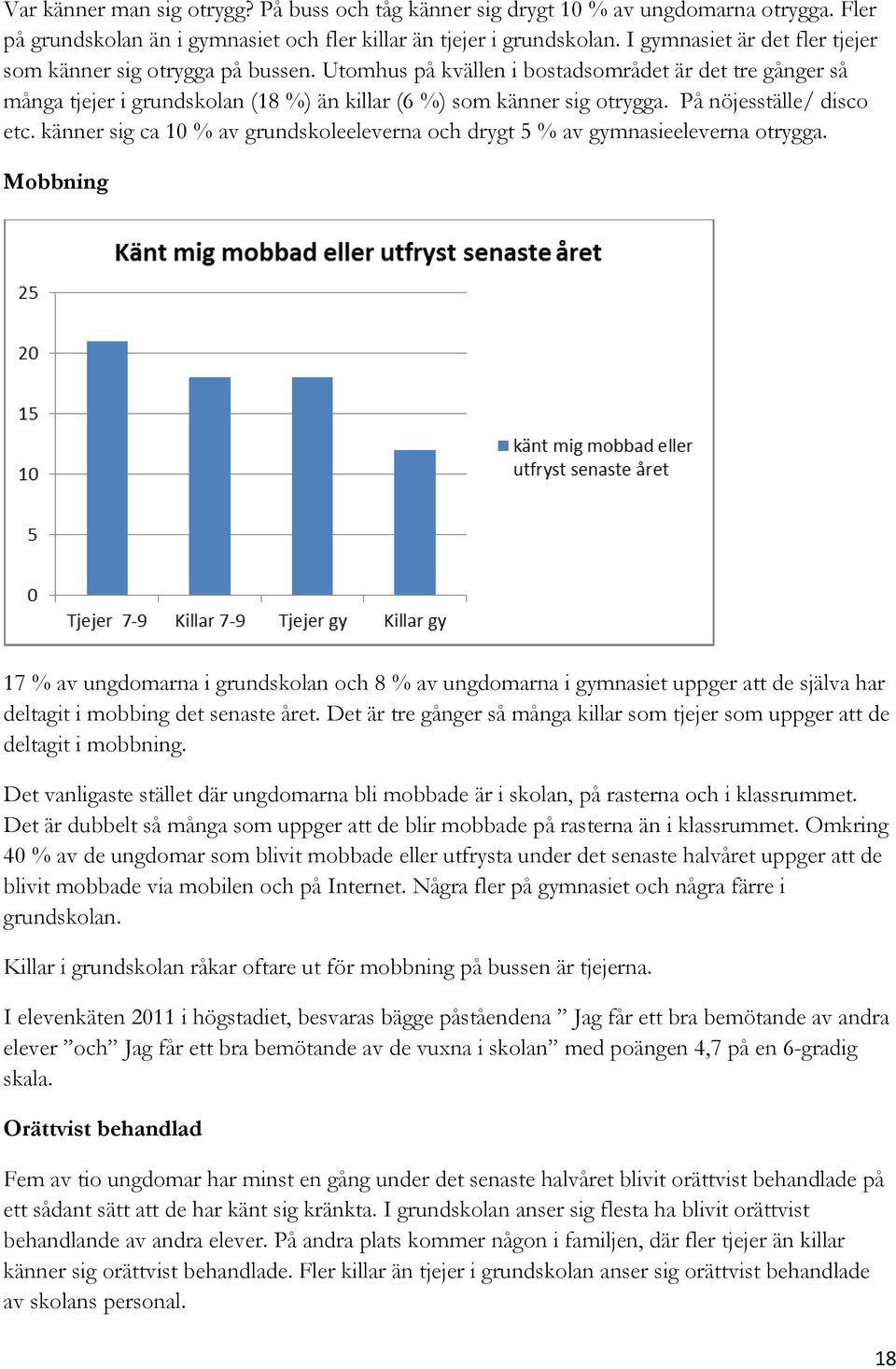 På nöjesställe/ disco etc. känner sig ca 10 % av grundskoleeleverna och drygt 5 % av gymnasieeleverna otrygga.