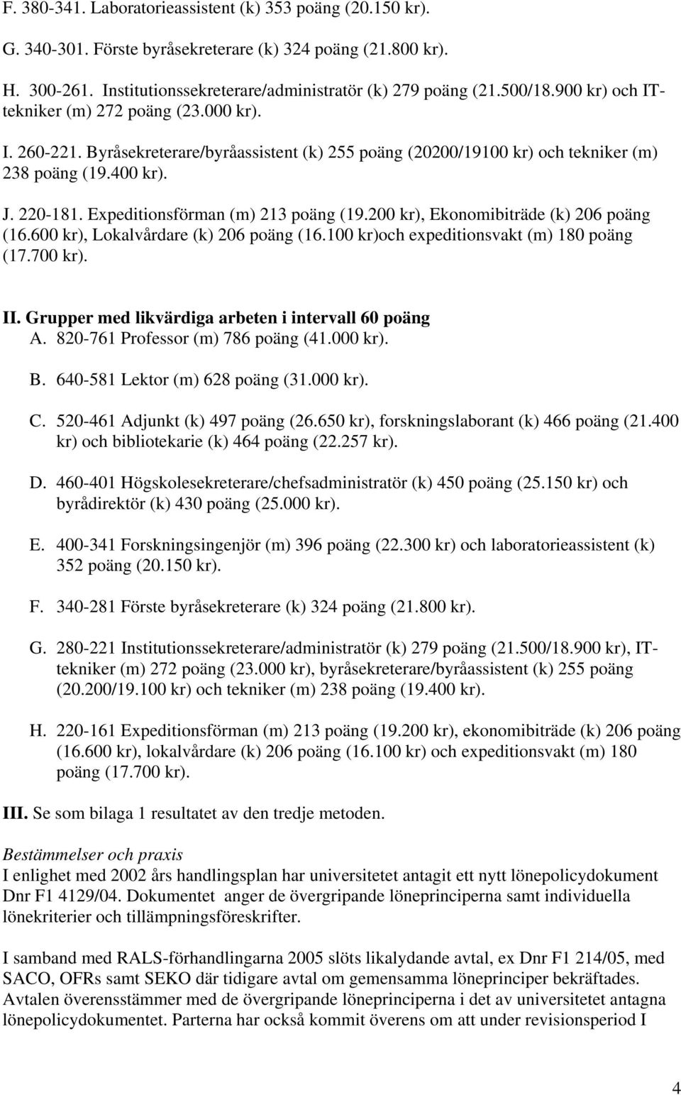 Expeditionsförman (m) 213 poäng (19.200 kr), Ekonomibiträde (k) 206 poäng (16.600 kr), Lokalvårdare (k) 206 poäng (16.100 kr)och expeditionsvakt (m) 180 poäng (17.700 kr). II.