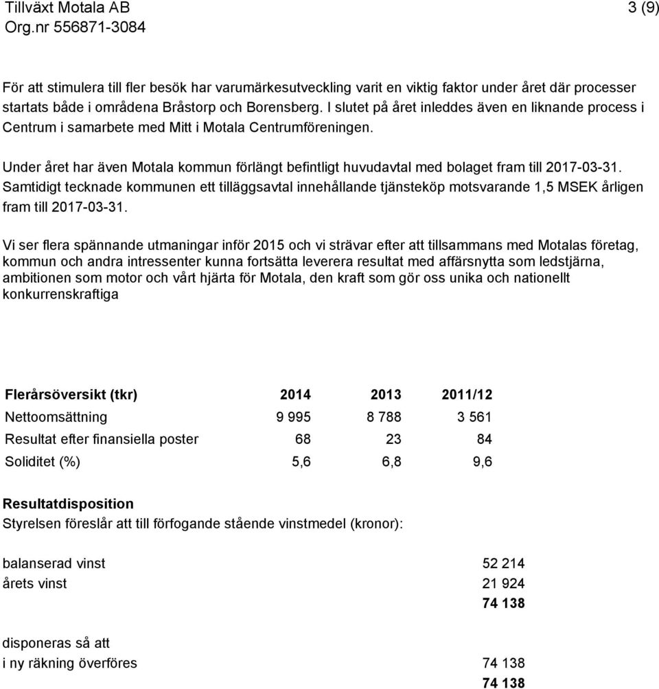 Under året har även Motala kommun förlängt befintligt huvudavtal med bolaget fram till 2017-03-31.