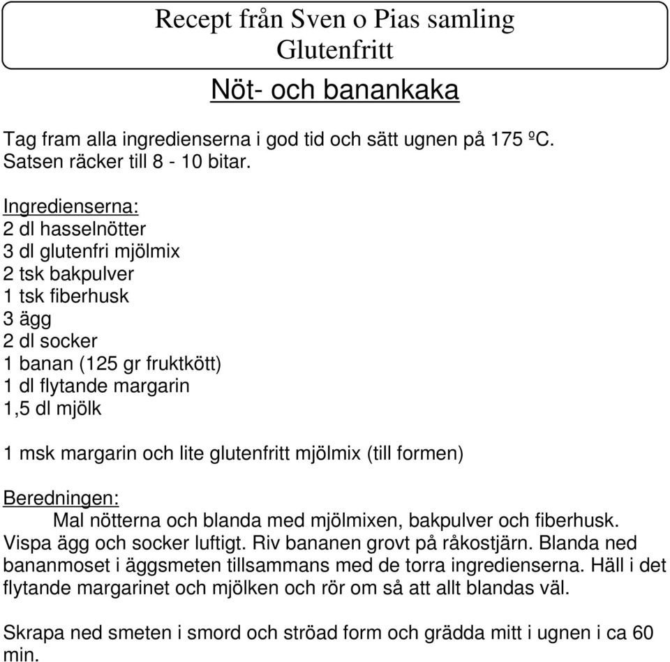 och lite glutenfritt mjölmix (till formen) Mal nötterna och blanda med mjölmixen, bakpulver och fiberhusk. Vispa ägg och socker luftigt. Riv bananen grovt på råkostjärn.