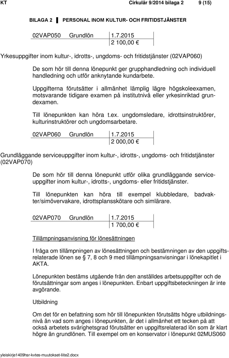 kundarbete. Uppgifterna förutsätter i allmänhet lämplig lägre högskoleexamen, motsvarande tidigare examen på institutnivå eller yrkesinriktad grundexamen. Till lönepunkten kan höra t.ex. ungdomsledare, idrottsinstruktörer, kulturinstruktörer och ungdomsarbetare.