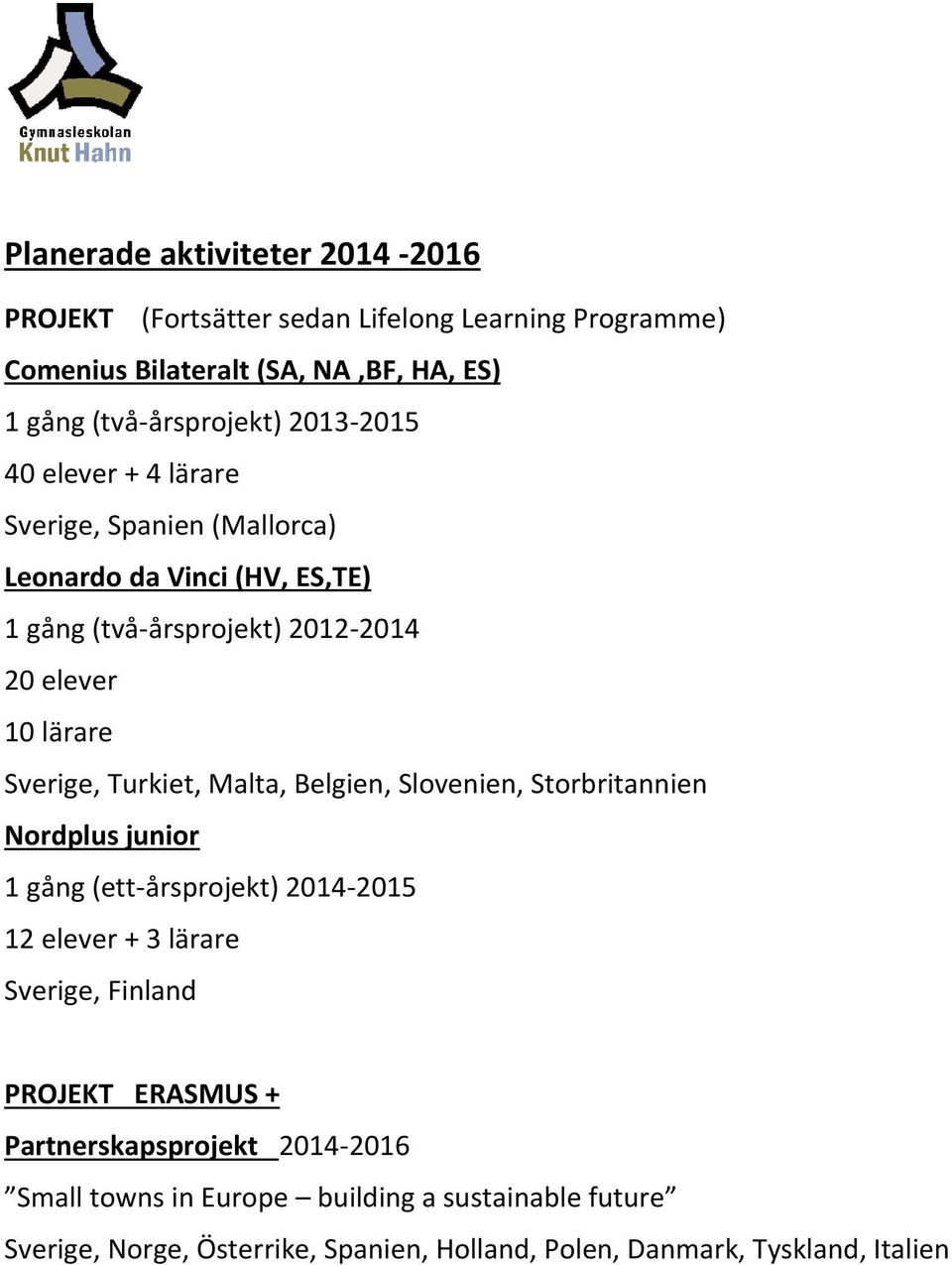 Turkiet, Malta, Belgien, Slovenien, Storbritannien Nordplus junior 1 gång (ett-årsprojekt) 2014-2015 12 elever + 3 lärare Sverige, Finland PROJEKT ERASMUS