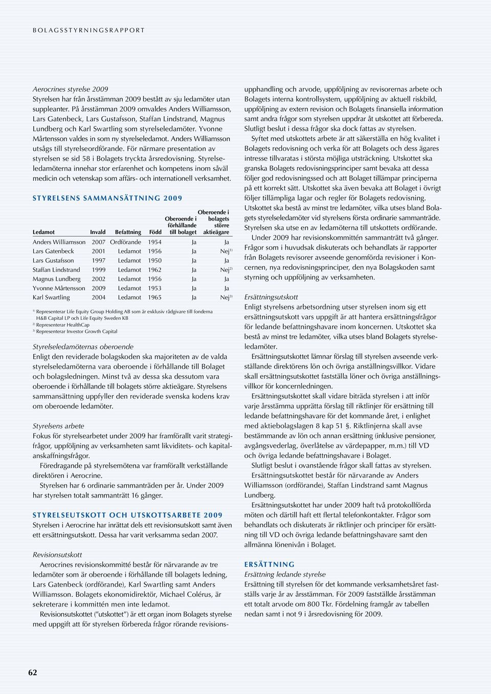 Yvonne Mårtensson valdes in som ny styrelseledamot. Anders Williamsson utsågs till styrelseordförande. För närmare presentation av styrelsen se sid 58 i Bolagets tryckta årsredovisning.