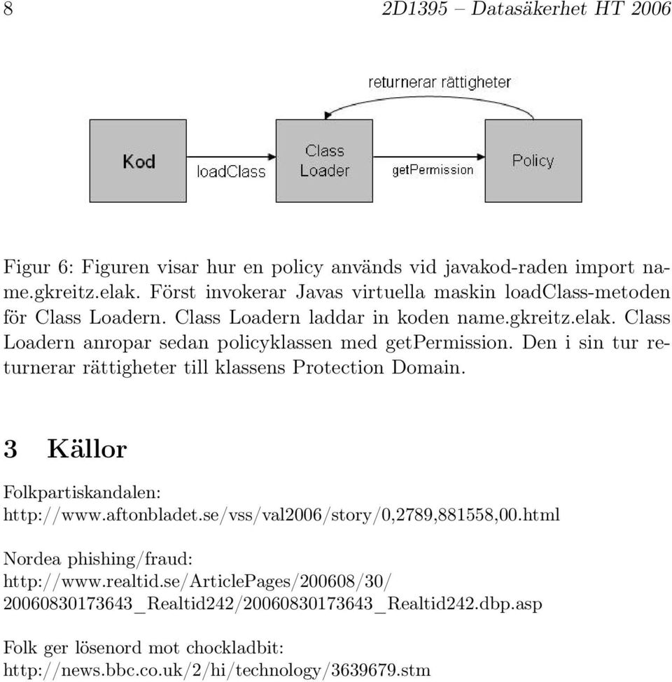 Class Loadern anropar sedan policyklassen med getpermission. Den i sin tur returnerar rättigheter till klassens Protection Domain. 3 Källor Folkpartiskandalen: http://www.