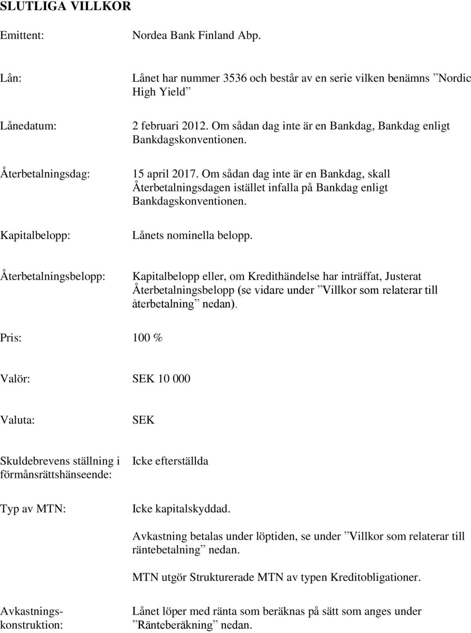 Lånets nominella belopp. Återbetalningsbelopp: Kapitalbelopp eller, om Kredithändelse har inträffat, Justerat Återbetalningsbelopp (se vidare under Villkor som relaterar till återbetalning nedan).