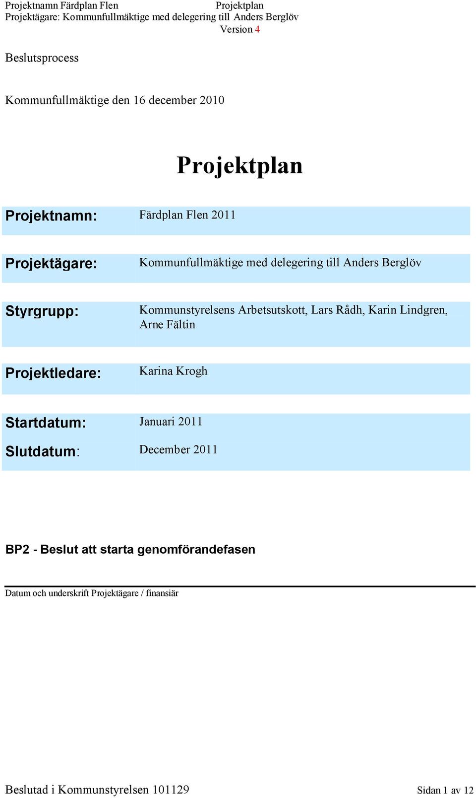 Lindgren, Arne Fältin Projektledare: Karina Krogh Startdatum: Januari 2011 Slutdatum: December 2011 BP2 - Beslut