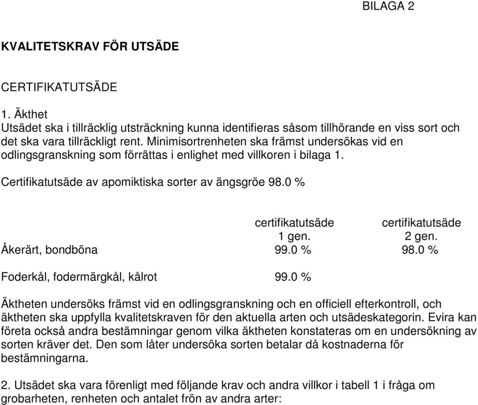 0 % certifikatutsäde certifikatutsäde 1 gen. 2 gen. Åkerärt, bondböna 99.0 % 98.0 % Foderkål, fodermärgkål, kålrot 99.