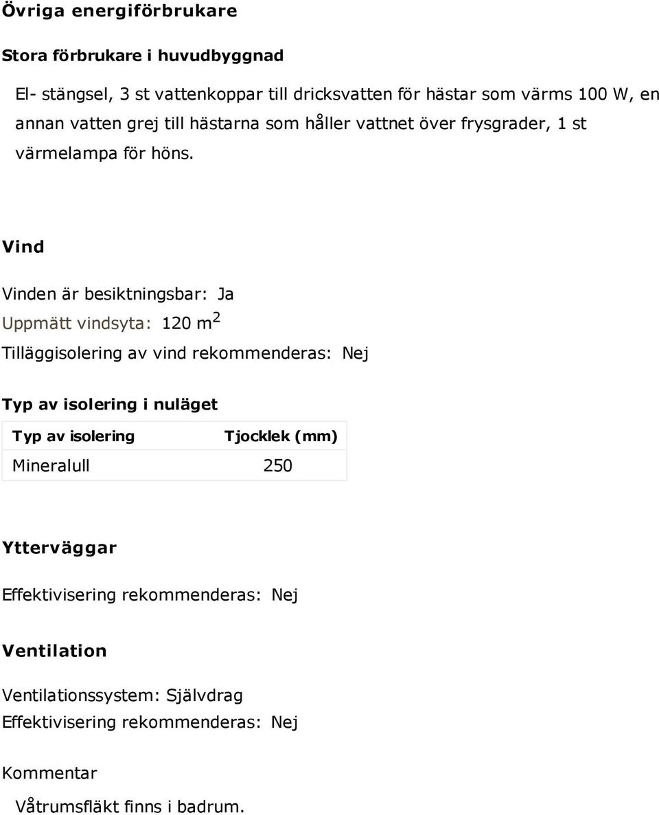 Vind Vinden är besiktningsbar: Ja Uppmätt vindsyta: 120 m 2 Tilläggisolering av vind rekommenderas: Nej Typ av isolering i nuläget Typ av