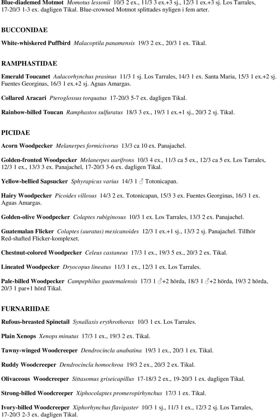 Santa Maria, 15/3 1 ex.+2 sj. Fuentes Georginas, 16/3 1 ex.+2 sj. Aguas Amargas. Collared Aracari Pteroglossus torquatus 17-20/3 5-7 ex. dagligen Tikal.