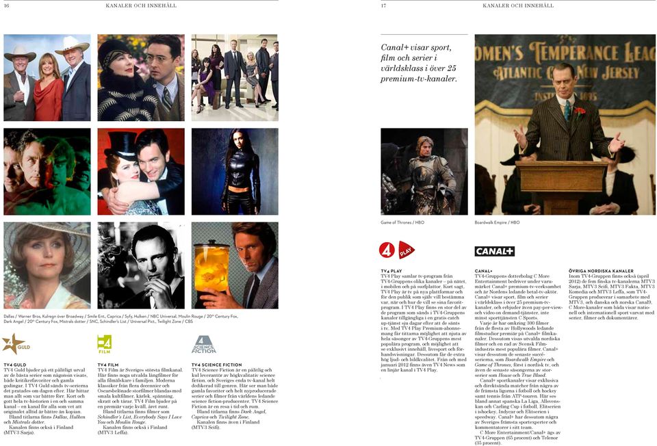 , Caprica / Syfy, Hulken / NBC Universal, Moulin Rouge / 20 th Century Fox, Dark Angel / 20 th Century Fox, Mistrals dotter / SNC, Schindler s List / Universal Pict.
