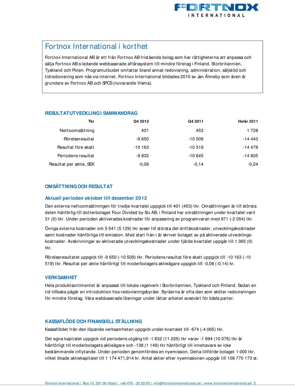 Fortnox International bildades 21 av Jan Älmeby som även är grundare av Fortnox AB och SPCS (nuvarande Visma).