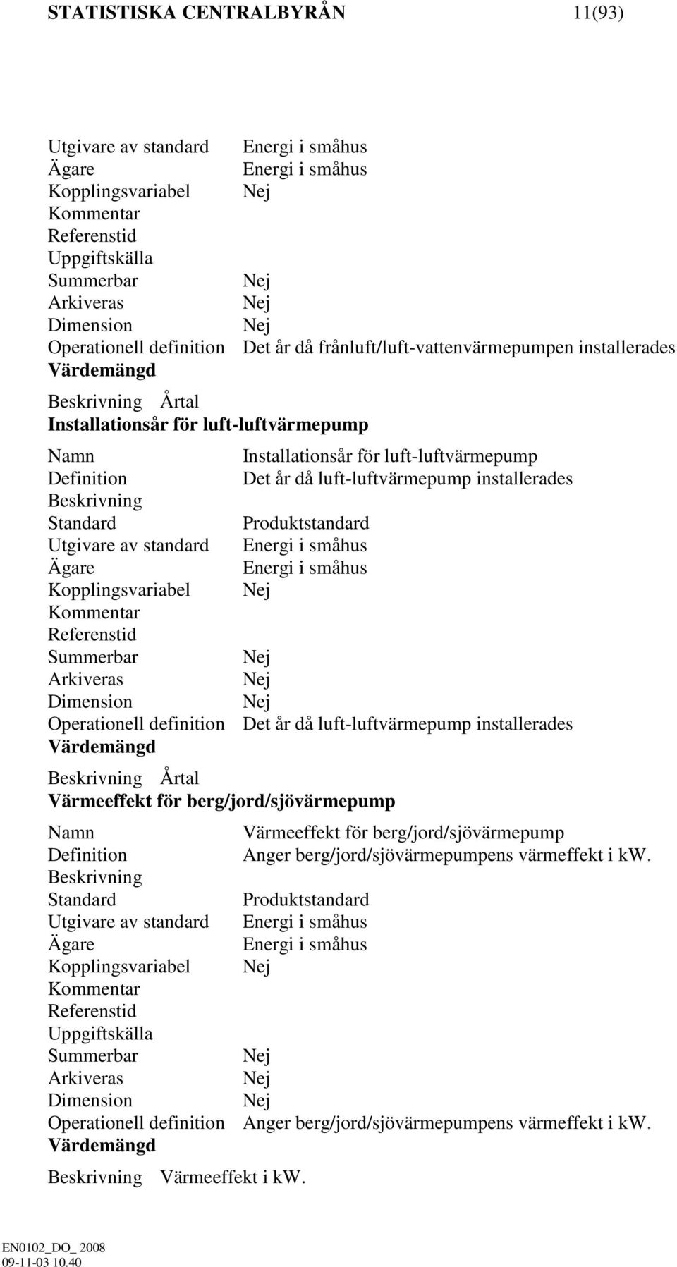 Operationell definition Det år då luft-luftvärmepump installerades Beskrivning Årtal Värmeeffekt för berg/jord/sjövärmepump Värmeeffekt för berg/jord/sjövärmepump Anger
