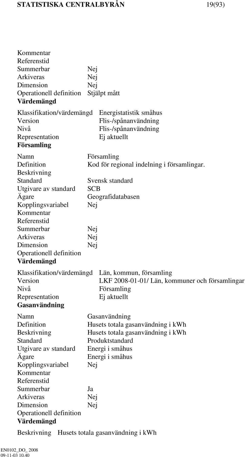 Beskrivning Svensk standard Utgivare av standard SCB Geografidatabasen Kopplingsvariabel Operationell definition Klassifikation/värdemängd Län, kommun, församling Version LKF 2008-01-01/