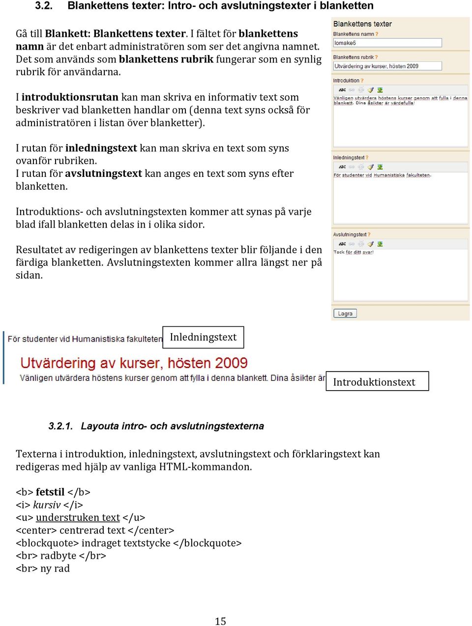 I introduktionsrutan kan man skriva en informativ text som beskriver vad blanketten handlar om (denna text syns också för administratören i listan över blanketter).