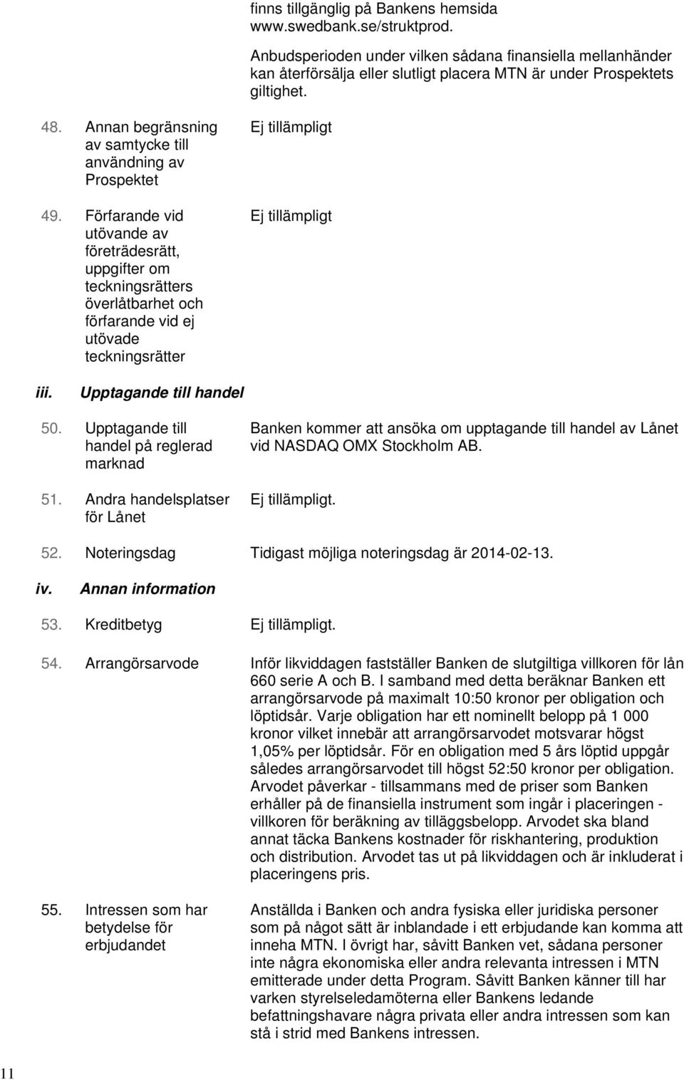 Förfarande vid utövande av företrädesrätt, uppgifter om teckningsrätters överlåtbarhet och förfarande vid ej utövade teckningsrätter Ej tillämpligt Ej tillämpligt iii. Upptagande till handel 50.