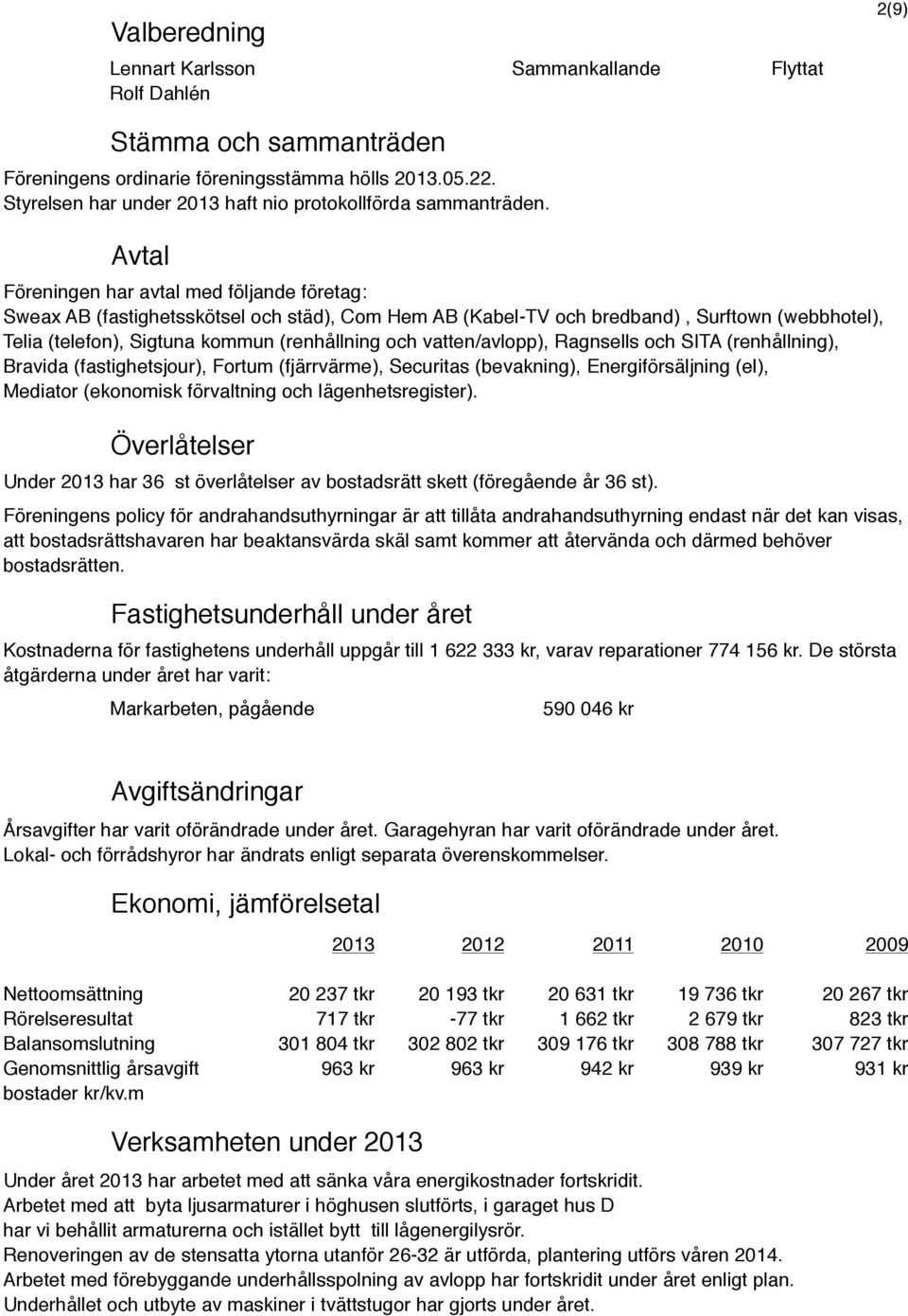 Avtal Föreningen har avtal med följande företag: Sweax AB (fastighetsskötsel och städ), Com Hem AB (Kabel-TV och bredband), Surftown (webbhotel), Telia (telefon), Sigtuna kommun (renhållning och