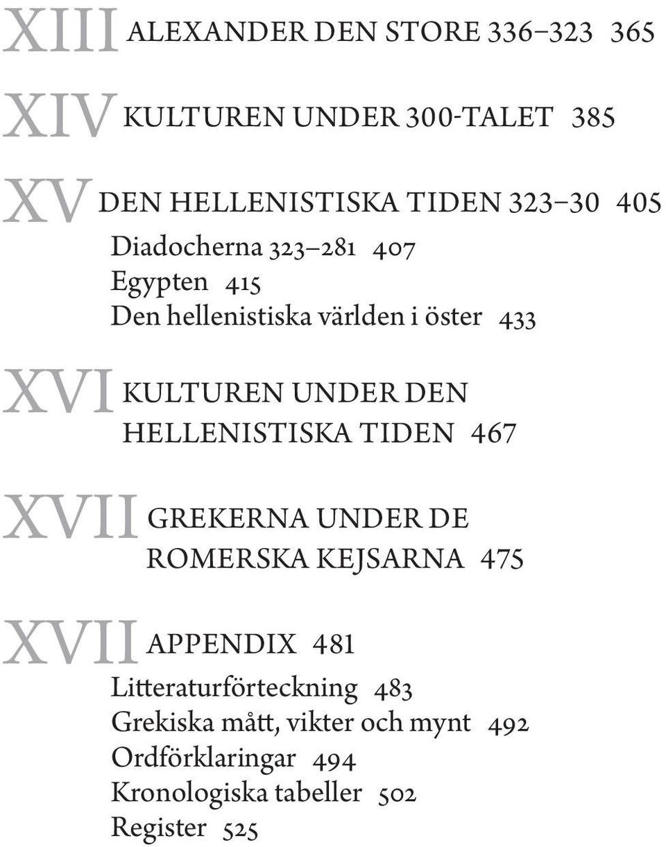 433 KULTUREN UNDER DEN HELLENISTISKA TIDEN 467 GREKERNA UNDER DE ROMERSKA KEJSARNA 475 APPENDIX 481