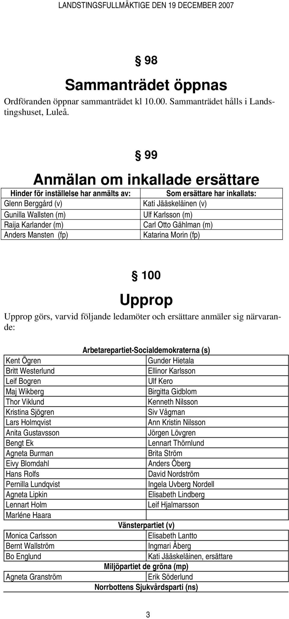 (v) Ulf Karlsson (m) Carl Otto Gählman (m) Katarina Morin (fp) 100 Upprop Upprop görs, varvid följande ledamöter och ersättare anmäler sig närvarande: Kent Ögren Britt Westerlund Leif Bogren Maj