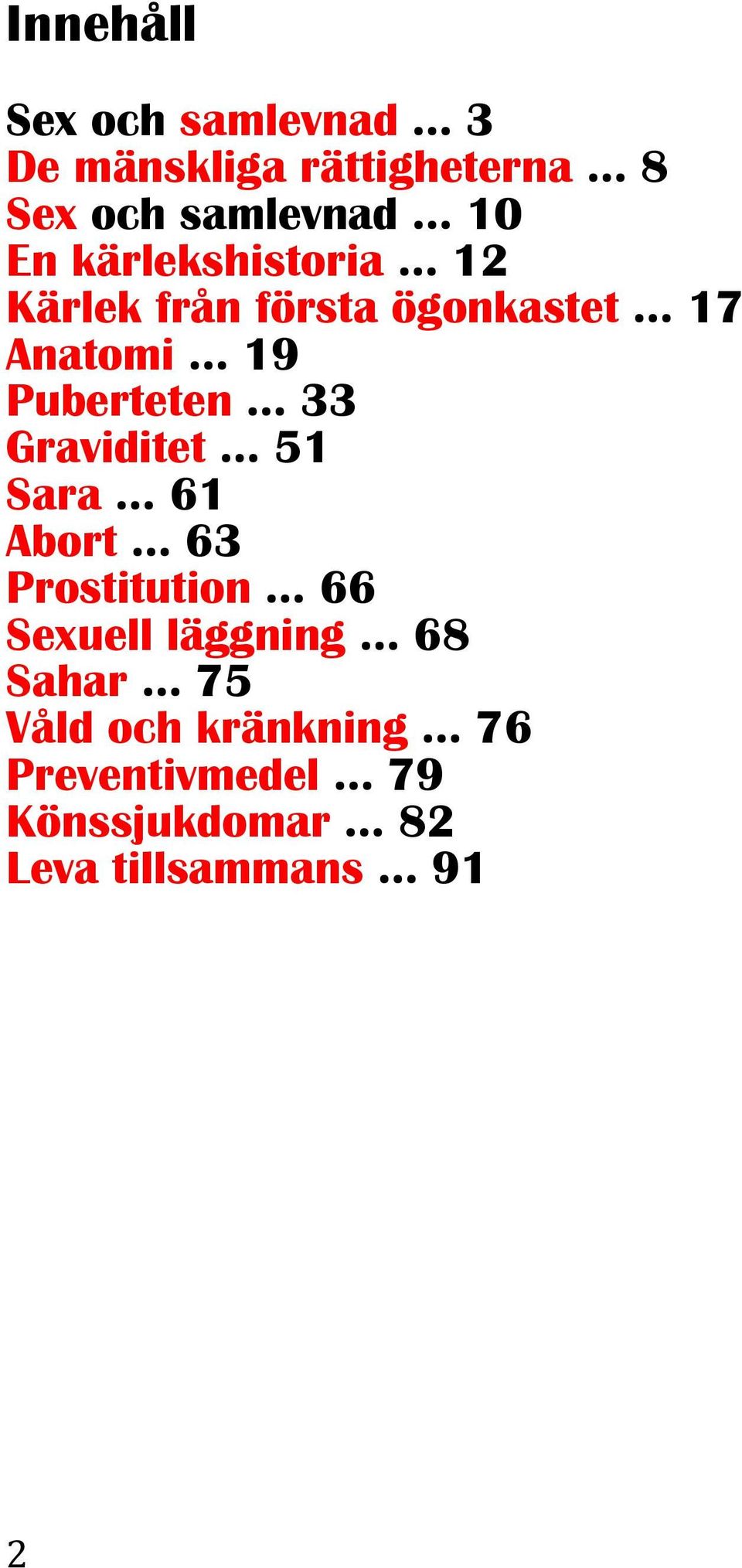 33 Graviditet 51 Sara 61 Abort 63 Prostitution 66 Sexuell läggning 68 Sahar 75