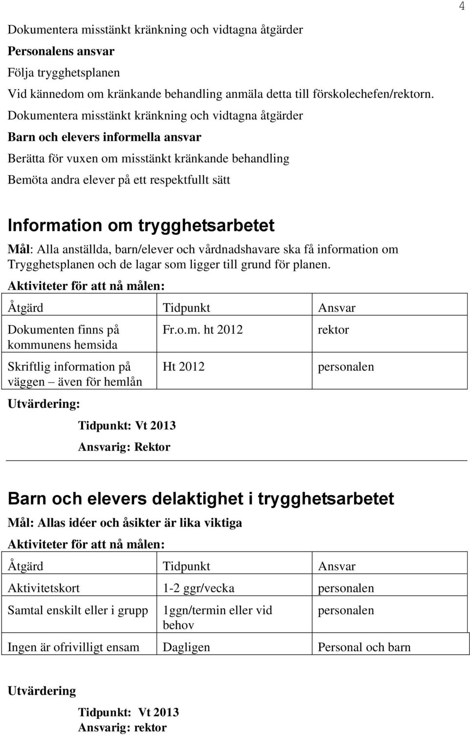 om trygghetsarbetet Mål: Alla anställda, barn/elever och vårdnadshavare ska få information om Trygghetsplanen och de lagar som ligger till grund för planen.