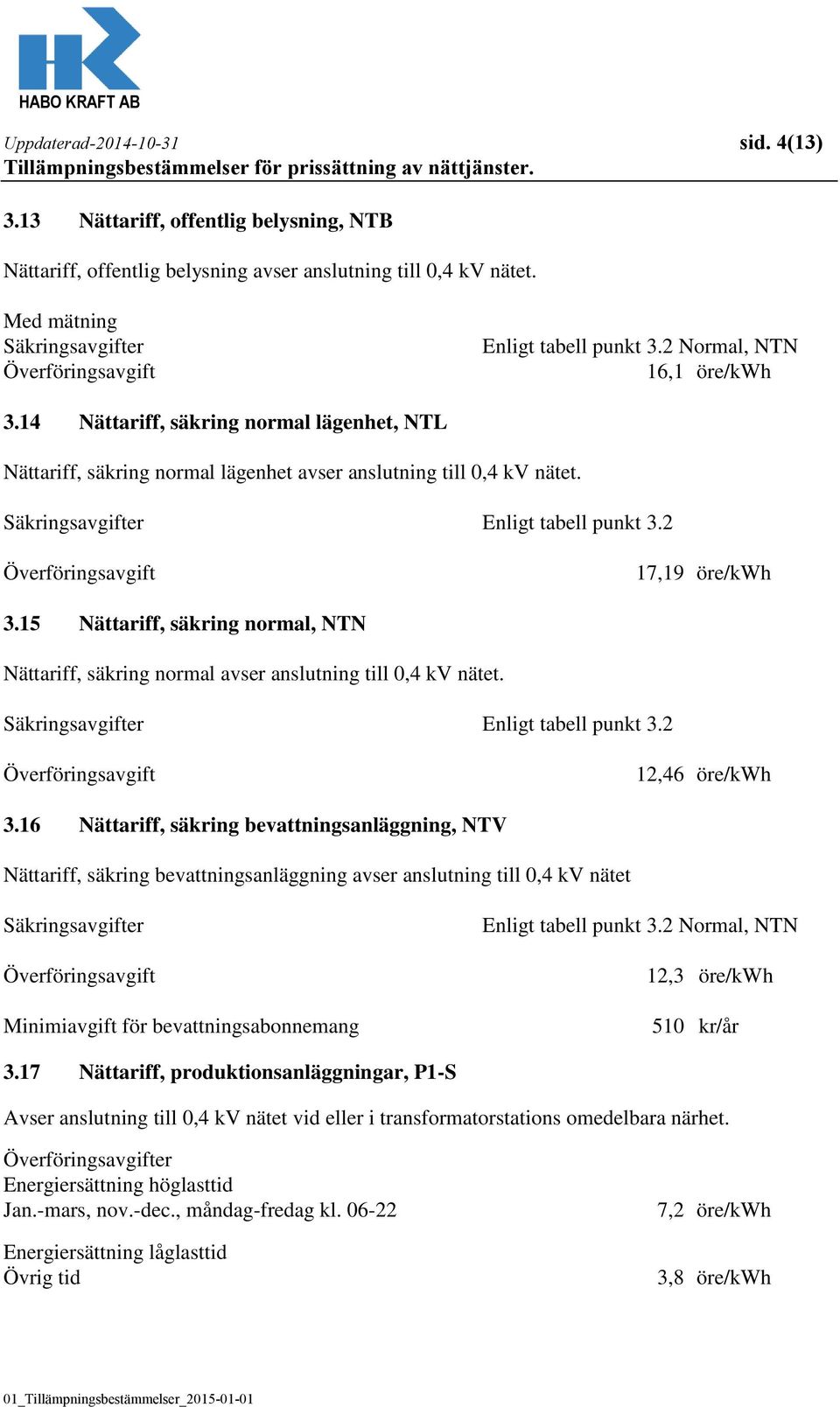 14 Nättariff, säkring normal lägenhet, NTL Nättariff, säkring normal lägenhet avser anslutning till 0,4 kv nätet. Säkringsavgifter Enligt tabell punkt 3.2 Överföringsavgift 17,19 öre/kwh 3.