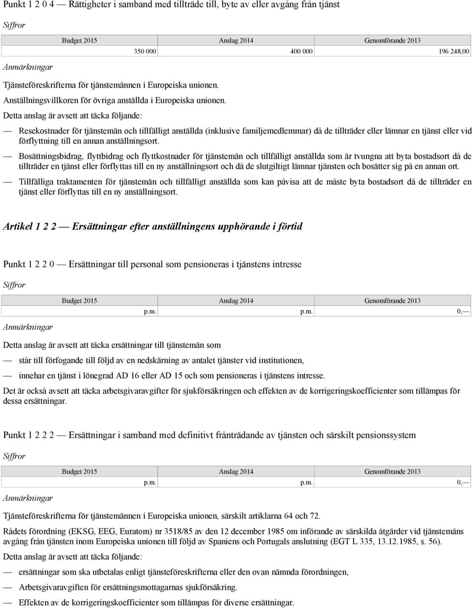 Detta anslag är avsett att täcka följande: 350 000 400 000 196 248,00 Resekostnader för tjänstemän och tillfälligt anställda (inklusive familjemedlemmar) då de tillträder eller lämnar en tjänst eller