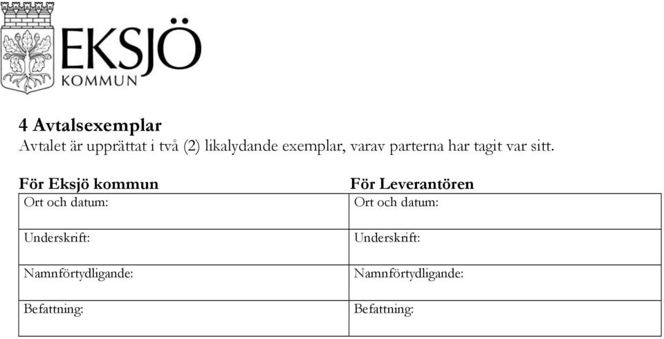 För Eksjö kommun För Leverantören Ort och datum: Ort och