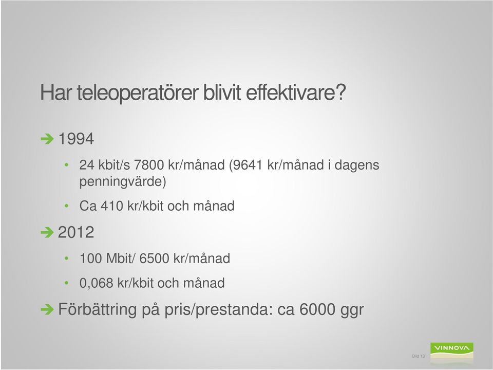 penningvärde) Ca 410 kr/kbit och månad 2012 100 Mbit/ 6500