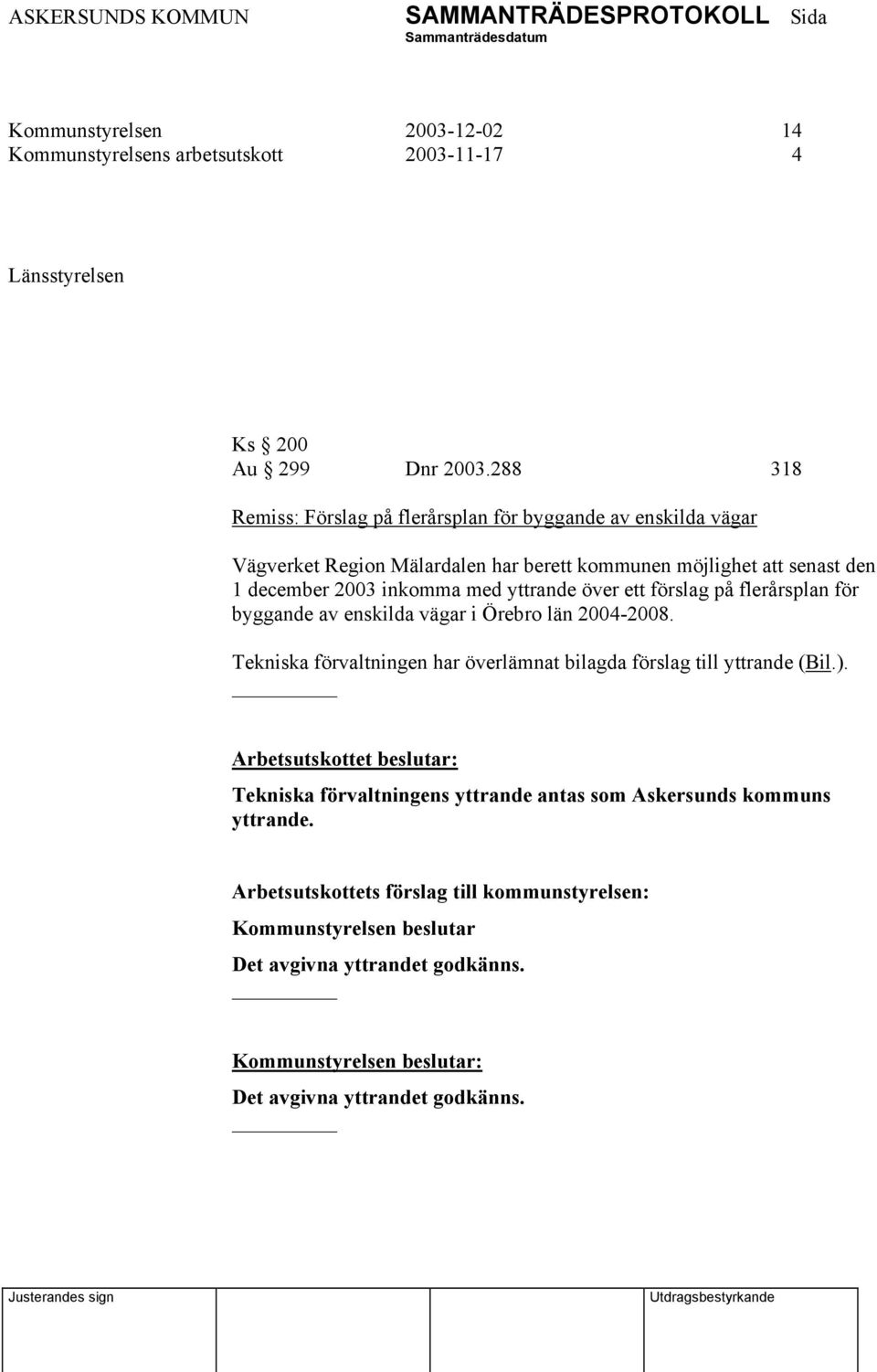 med yttrande över ett förslag på flerårsplan för byggande av enskilda vägar i Örebro län 2004-2008.