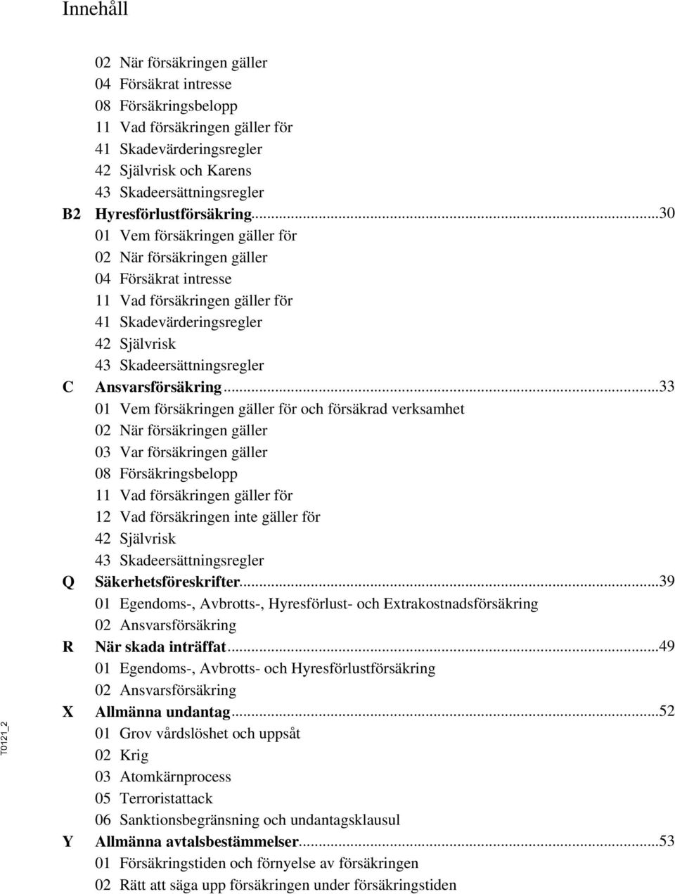 ..30 01 Vem försäkringen gäller för 02 När försäkringen gäller 04 Försäkrat intresse 11 Vad försäkringen gäller för 41 Skadevärderingsregler 42 Självrisk 43 Skadeersättningsregler Ansvarsförsäkring.