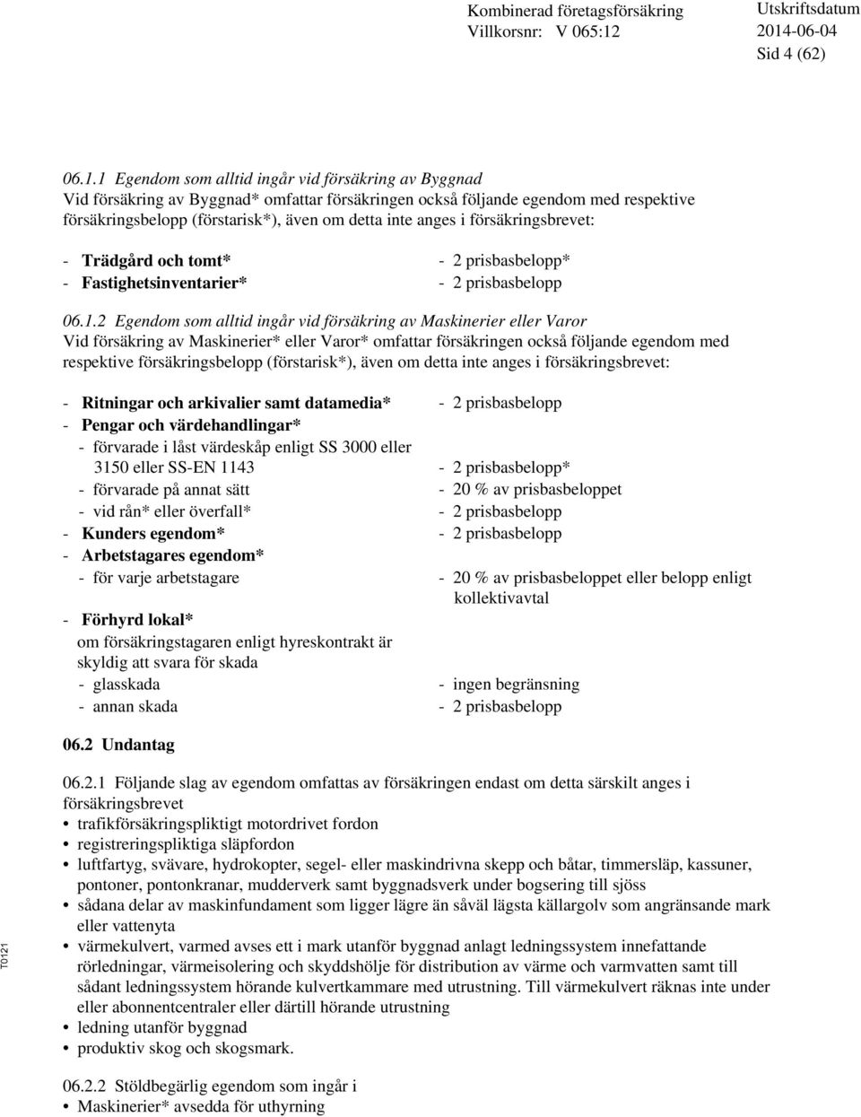 försäkringsbrevet: - Trädgård och tomt* - 2 prisbasbelopp* - Fastighetsinventarier* - 2 prisbasbelopp 06.1.