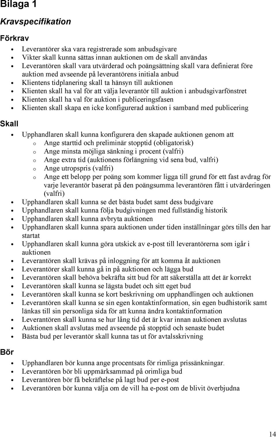 auktion i anbudsgivarfönstret Klienten skall ha val för auktion i publiceringsfasen Klienten skall skapa en icke konfigurerad auktion i samband med publicering Upphandlaren skall kunna konfigurera